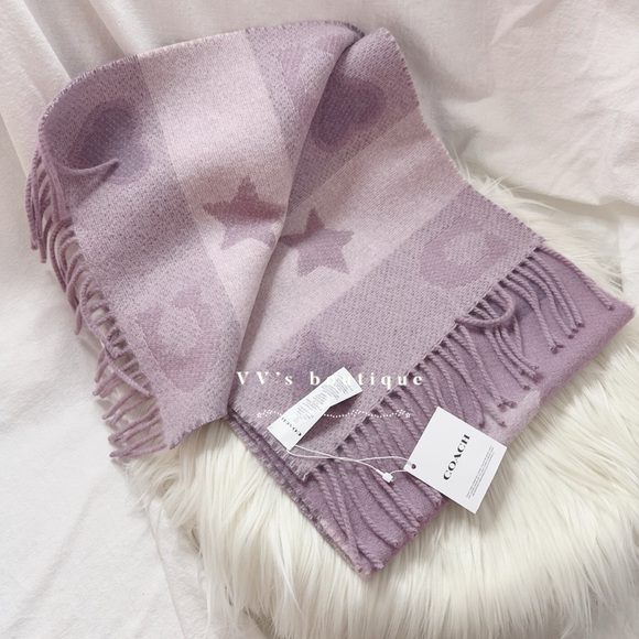 NWT Coach Stars And Hearts Print Muffler Wool Scarf Jasmine Purple CU810 RARE - Picture 2 of 4